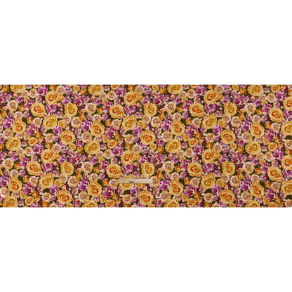 Medium Weight Linen Woven Print - Mustard Yellow, Magenta Pink and Dark Olive Green Roses