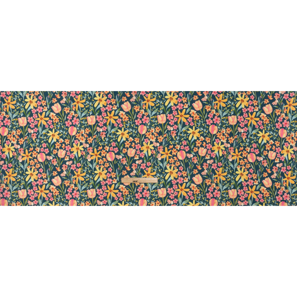 Medium Weight Linen Woven Print - Dark Teal, Orange and Pink Tulip Garden