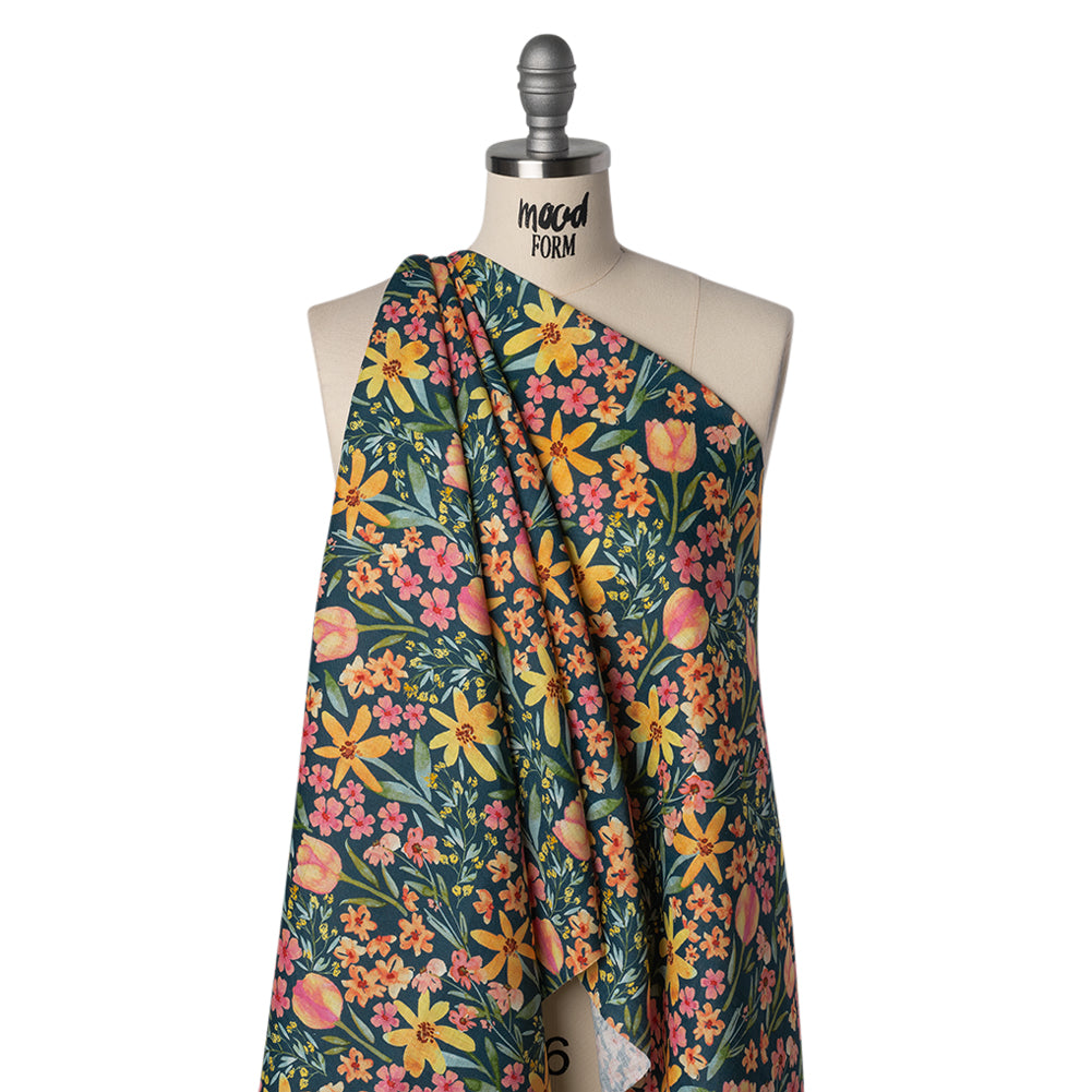 Medium Weight Linen Woven Print - Dark Teal, Orange and Pink Tulip Garden