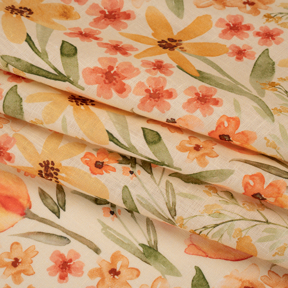 Medium Weight Linen Woven Print - Cream, Orange and Green Tulip Garden