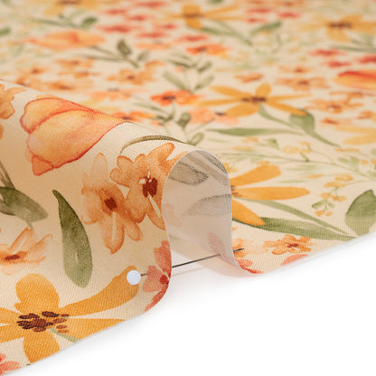Medium Weight Linen Woven Print - Cream, Orange and Green Tulip Garden