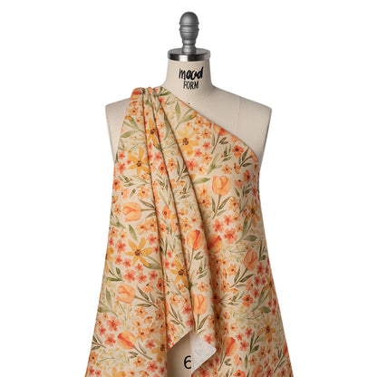 Medium Weight Linen Woven Print - Cream, Orange and Green Tulip Garden