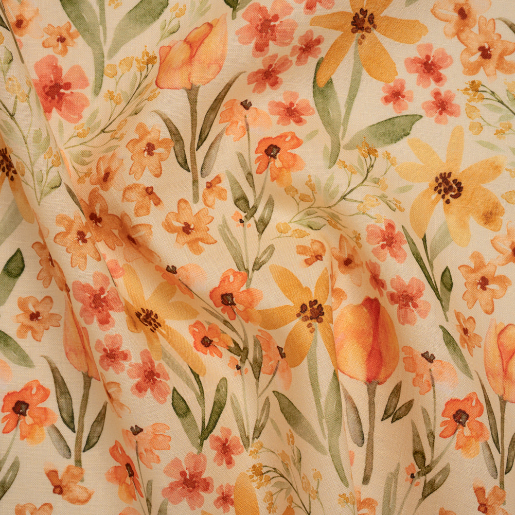 Medium Weight Linen Woven Print - Cream, Orange and Green Tulip Garden