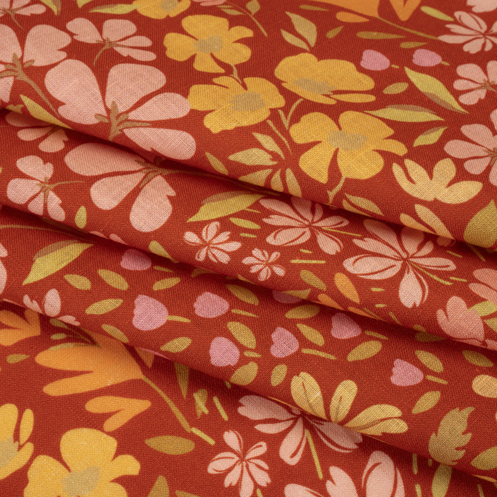 Medium Weight Linen Woven Print - Terracotta, Lemon and Sage Floral