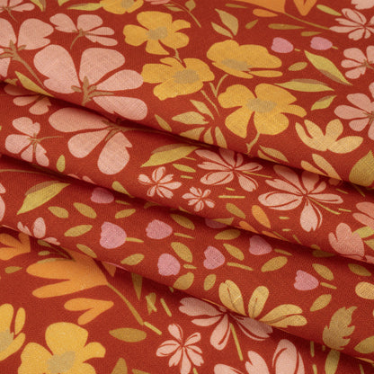 Medium Weight Linen Woven Print - Terracotta, Lemon and Sage Floral