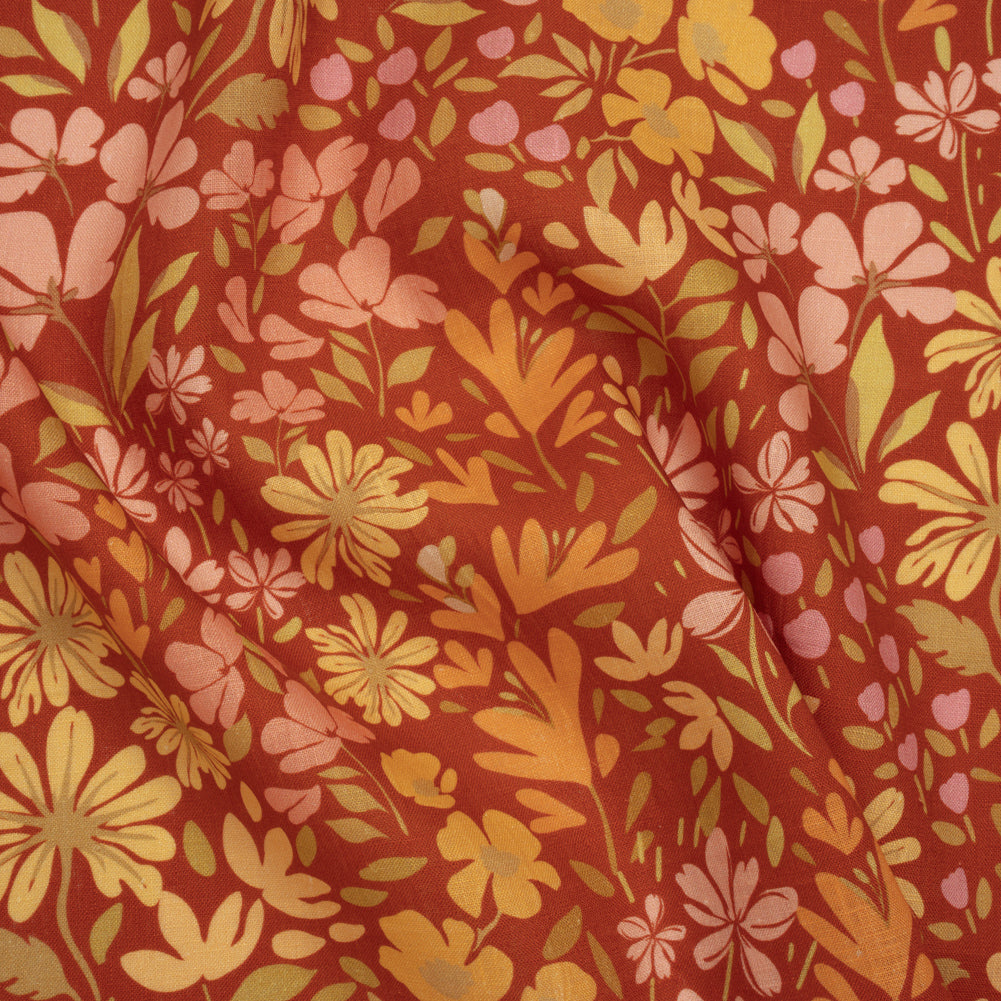 Medium Weight Linen Woven Print - Terracotta, Lemon and Sage Floral