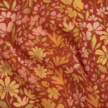 Medium Weight Linen Woven Print - Terracotta, Lemon and Sage Floral