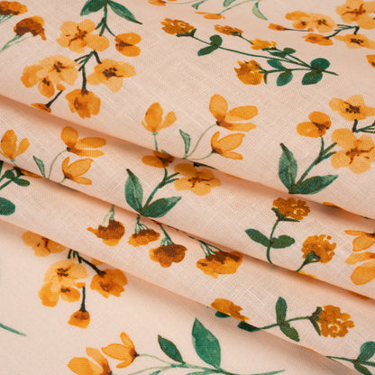Medium Weight Linen Woven Print - Peach, Orange and Emerald Green Little Flower Bunches