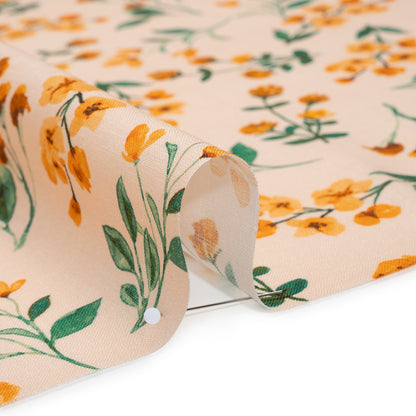 Medium Weight Linen Woven Print - Peach, Orange and Emerald Green Little Flower Bunches