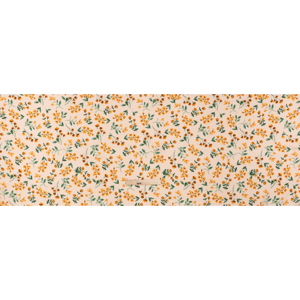 Medium Weight Linen Woven Print - Peach, Orange and Emerald Green Little Flower Bunches