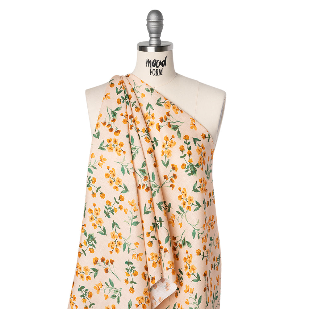 Medium Weight Linen Woven Print - Peach, Orange and Emerald Green Little Flower Bunches