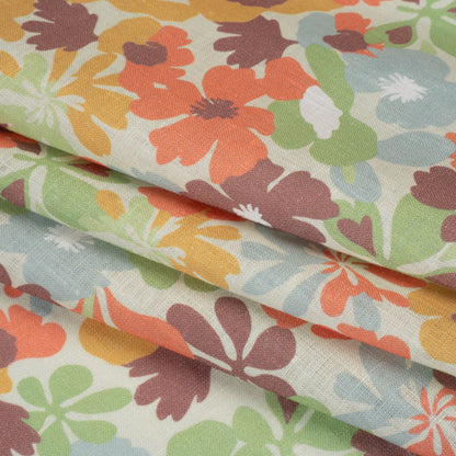 Medium Weight Linen Woven Print - Pale Green, Taupe, and Coral Floral