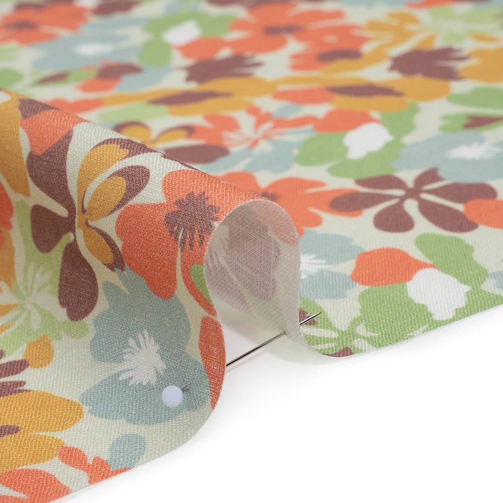 Medium Weight Linen Woven Print - Pale Green, Taupe, and Coral Floral