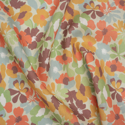 Medium Weight Linen Woven Print - Pale Green, Taupe, and Coral Floral