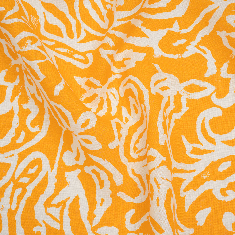 Medium Weight Linen Woven Print - Sun Yellow and White Rustic Floral and Paisley