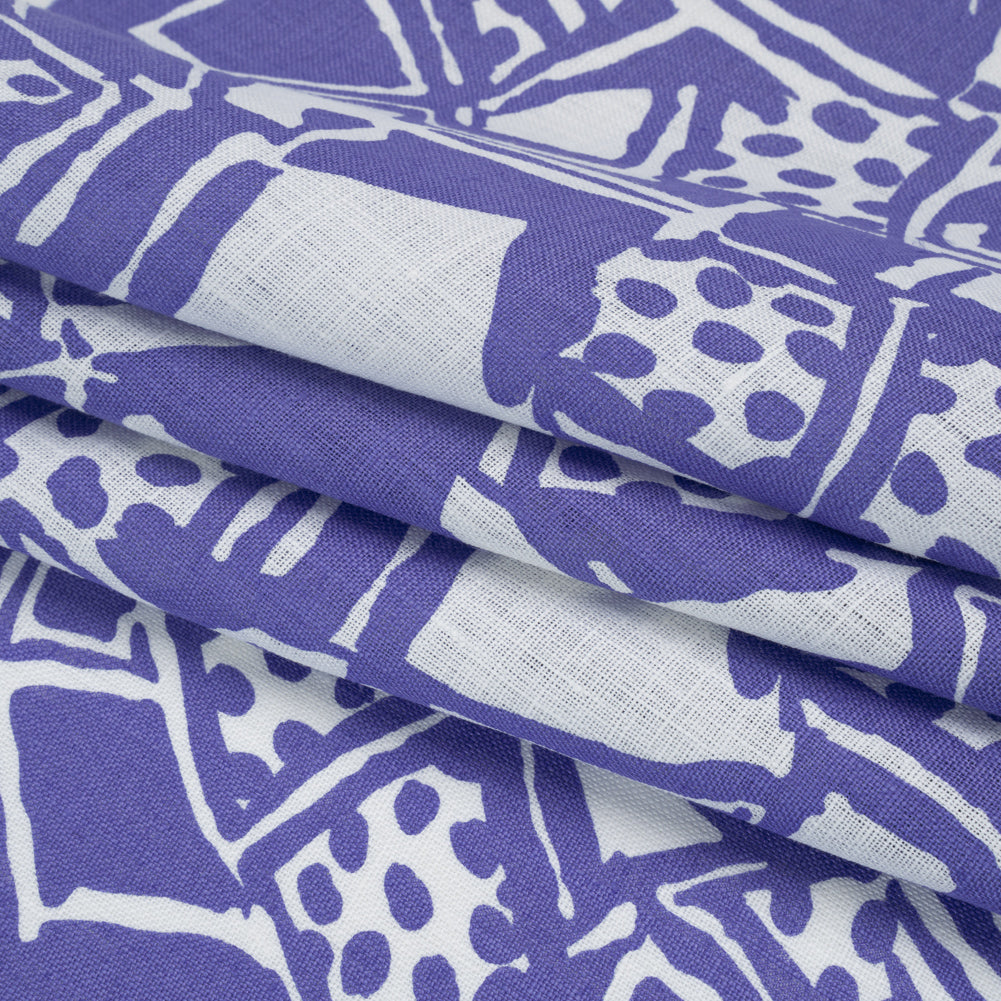 Medium Weight Linen Woven Print - Country Blue and White Abstract Blocks and Spots
