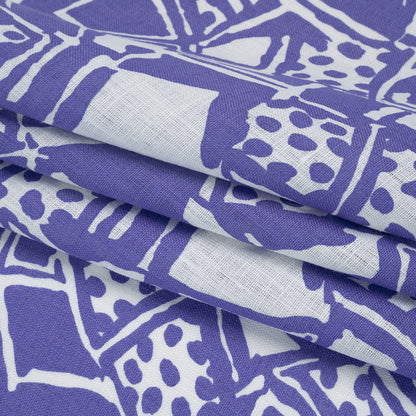 Medium Weight Linen Woven Print - Country Blue and White Abstract Blocks and Spots