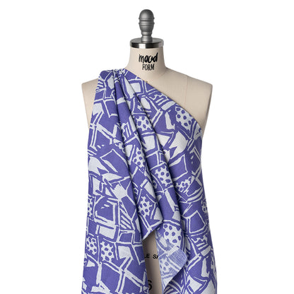 Medium Weight Linen Woven Print - Country Blue and White Abstract Blocks and Spots