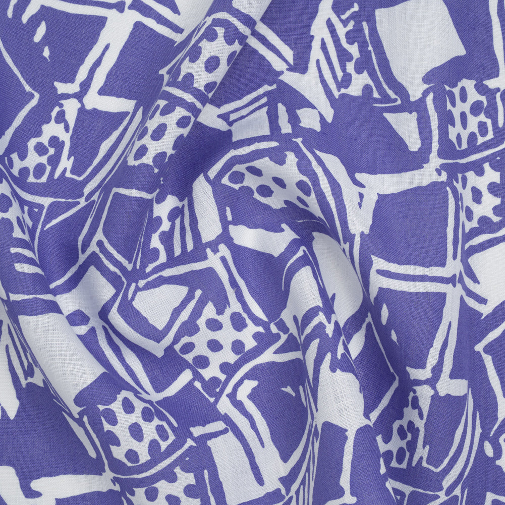 Medium Weight Linen Woven Print - Country Blue and White Abstract Blocks and Spots