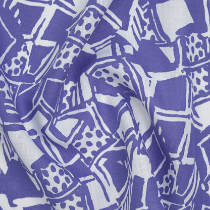 Medium Weight Linen Woven Print - Country Blue and White Abstract Blocks and Spots