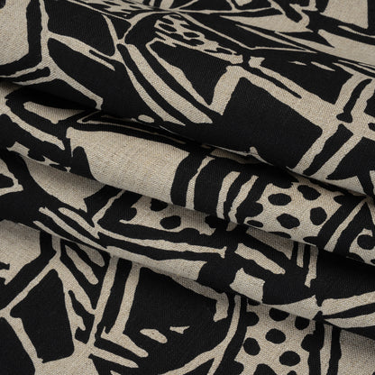 Heavyweight Linen Woven Print - Black and Oatmeal Abstract Blocks and Spots