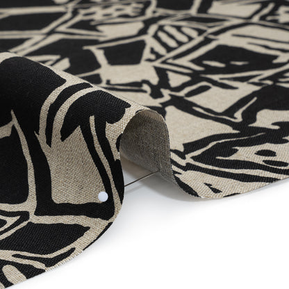 Heavyweight Linen Woven Print - Black and Oatmeal Abstract Blocks and Spots