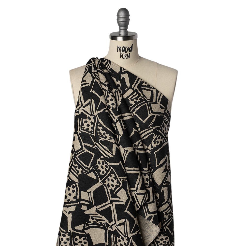 Heavyweight Linen Woven Print - Black and Oatmeal Abstract Blocks and Spots