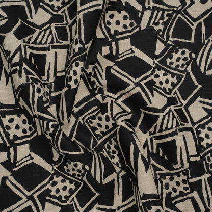 Heavyweight Linen Woven Print - Black and Oatmeal Abstract Blocks and Spots