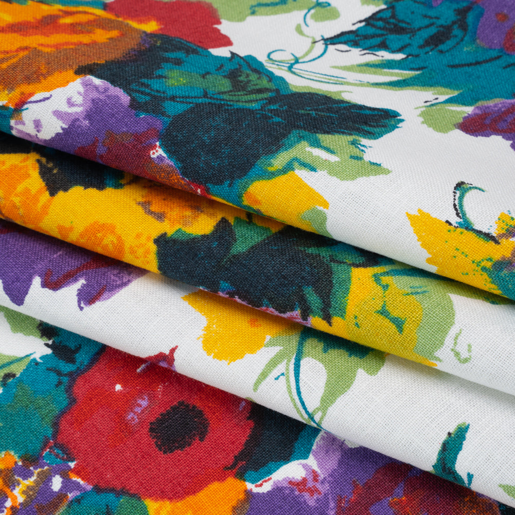 Medium Weight Linen Woven Print - Teal, Red and Purple Painterly Florals