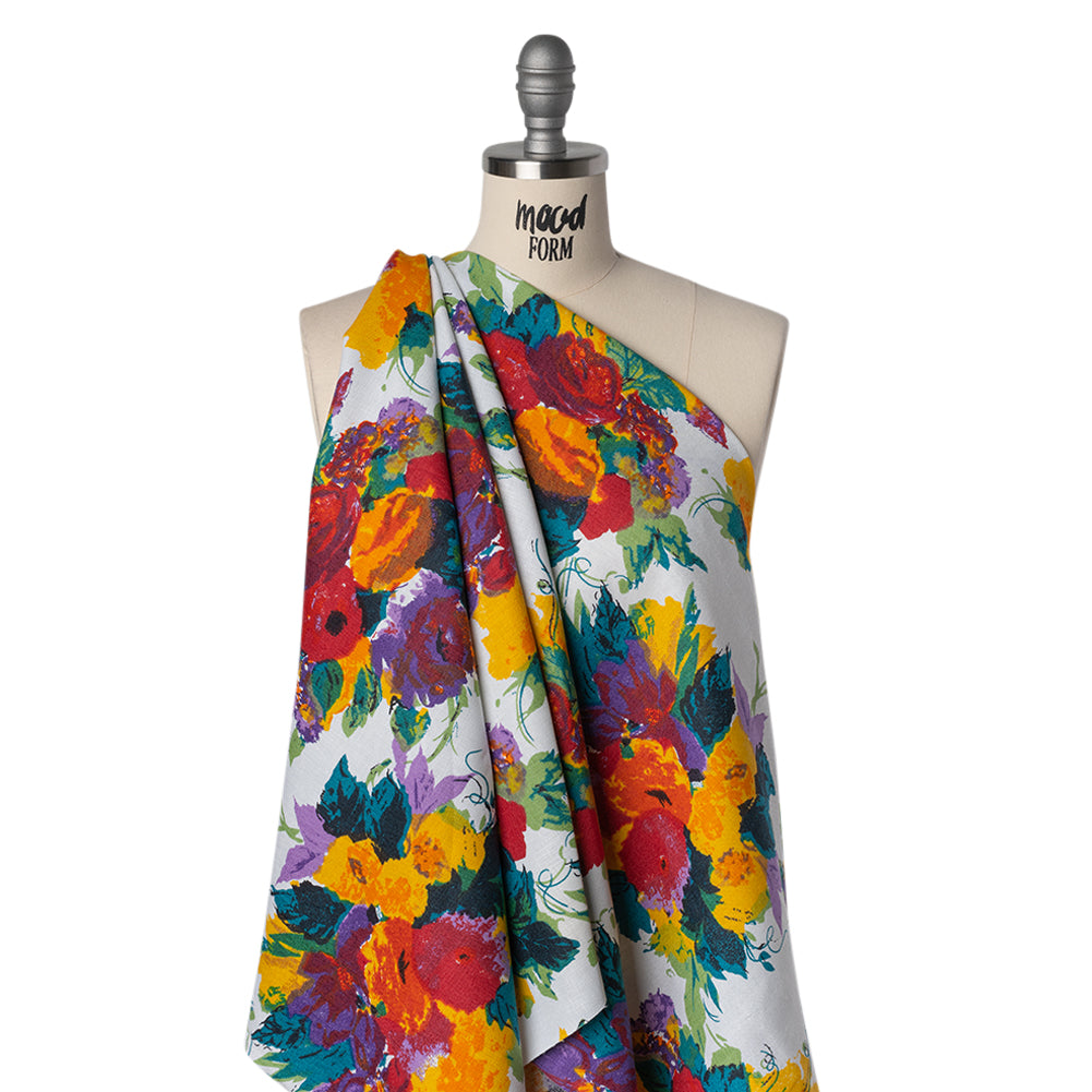 Medium Weight Linen Woven Print - Teal, Red and Purple Painterly Florals