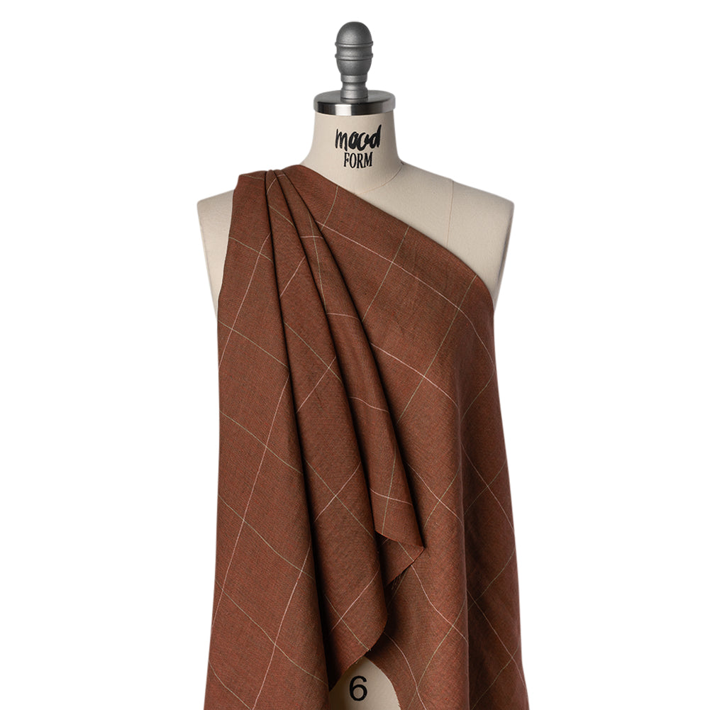 Lightweight Linen Woven - Brown, White and Sage Green Windowpane Check