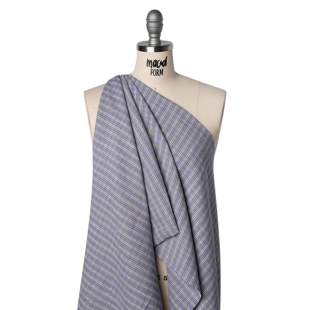 Medium Weight Linen Woven - Muted Blue, White and Yellow Plaid