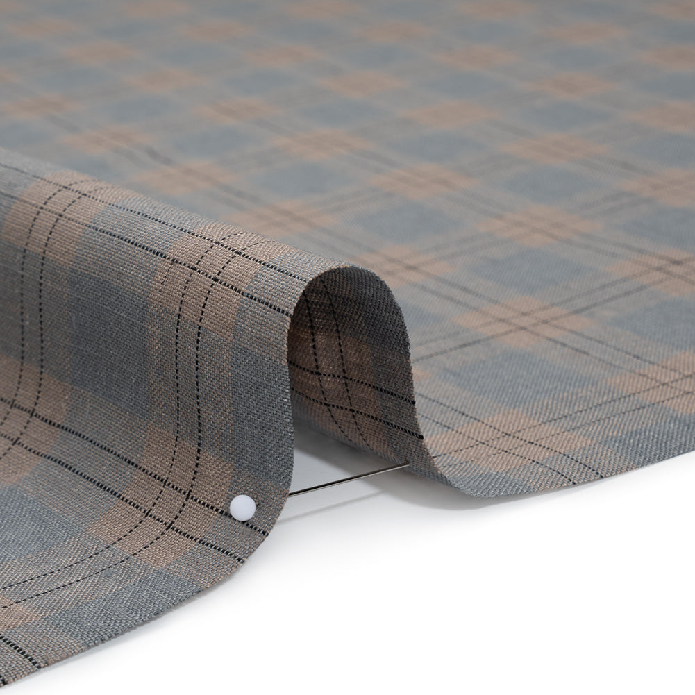 Medium Weight Linen Woven - Muted Blue, Taupe and Black Plaid