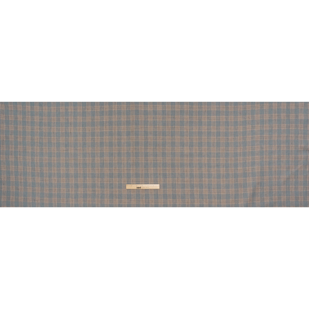 Medium Weight Linen Woven - Muted Blue, Taupe and Black Plaid
