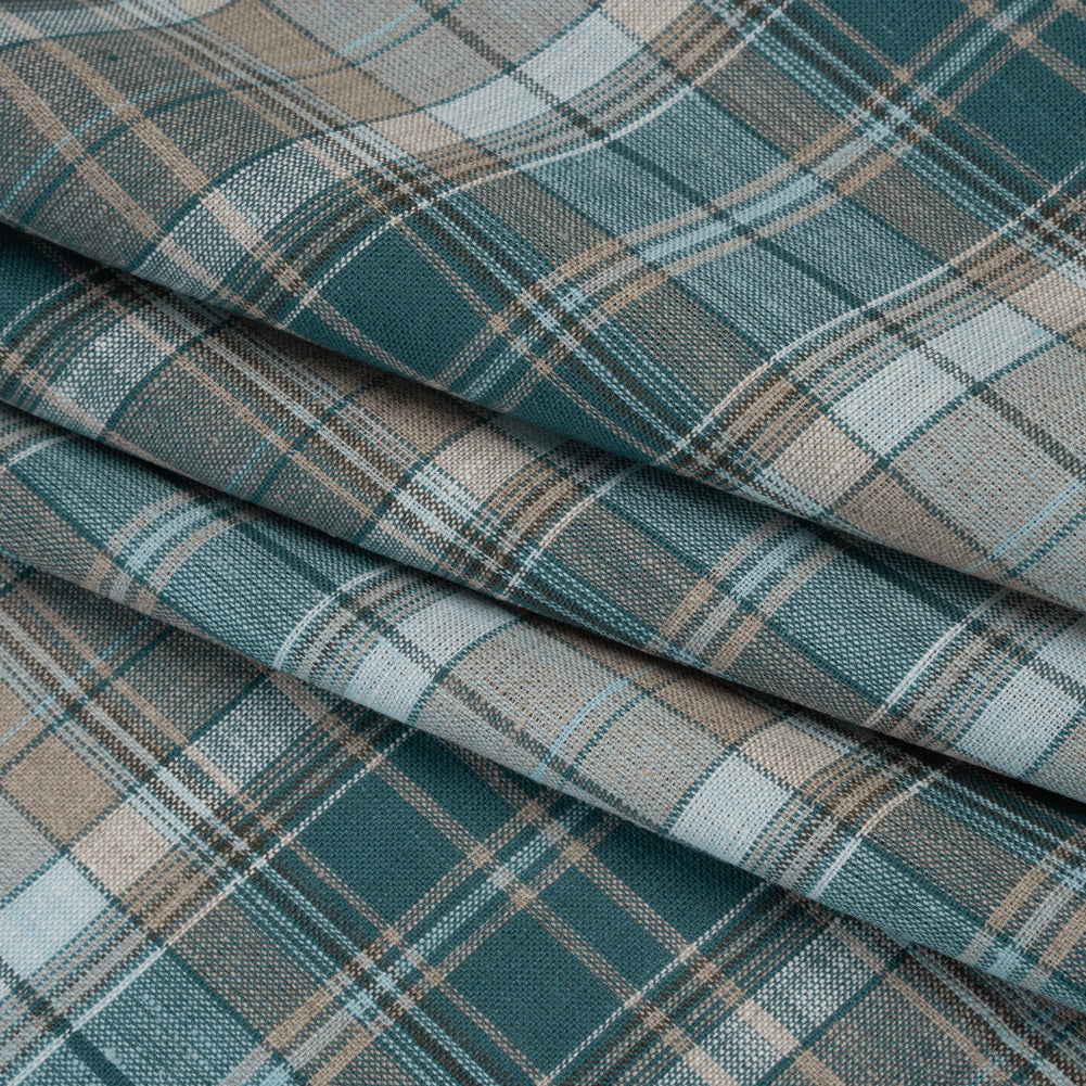Medium Weight Linen Woven - Teal, Beige and White Plaid