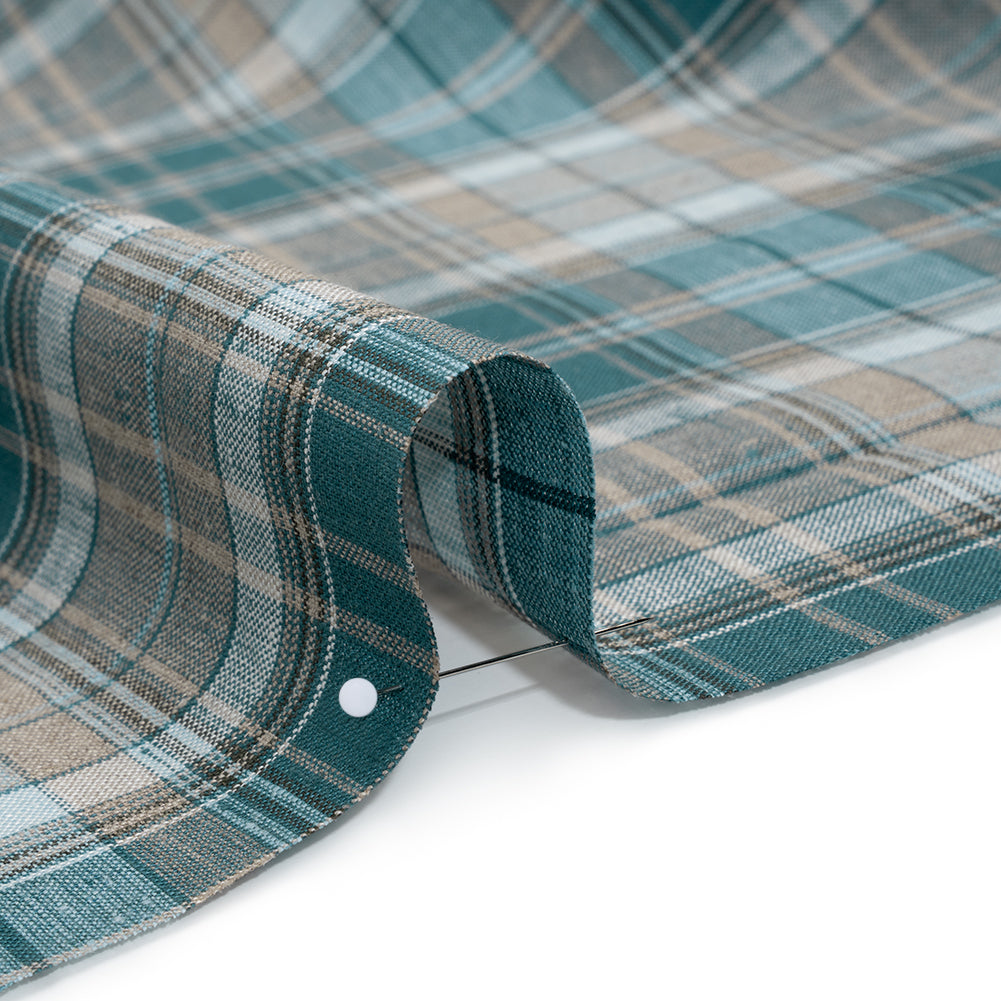 Medium Weight Linen Woven - Teal, Beige and White Plaid