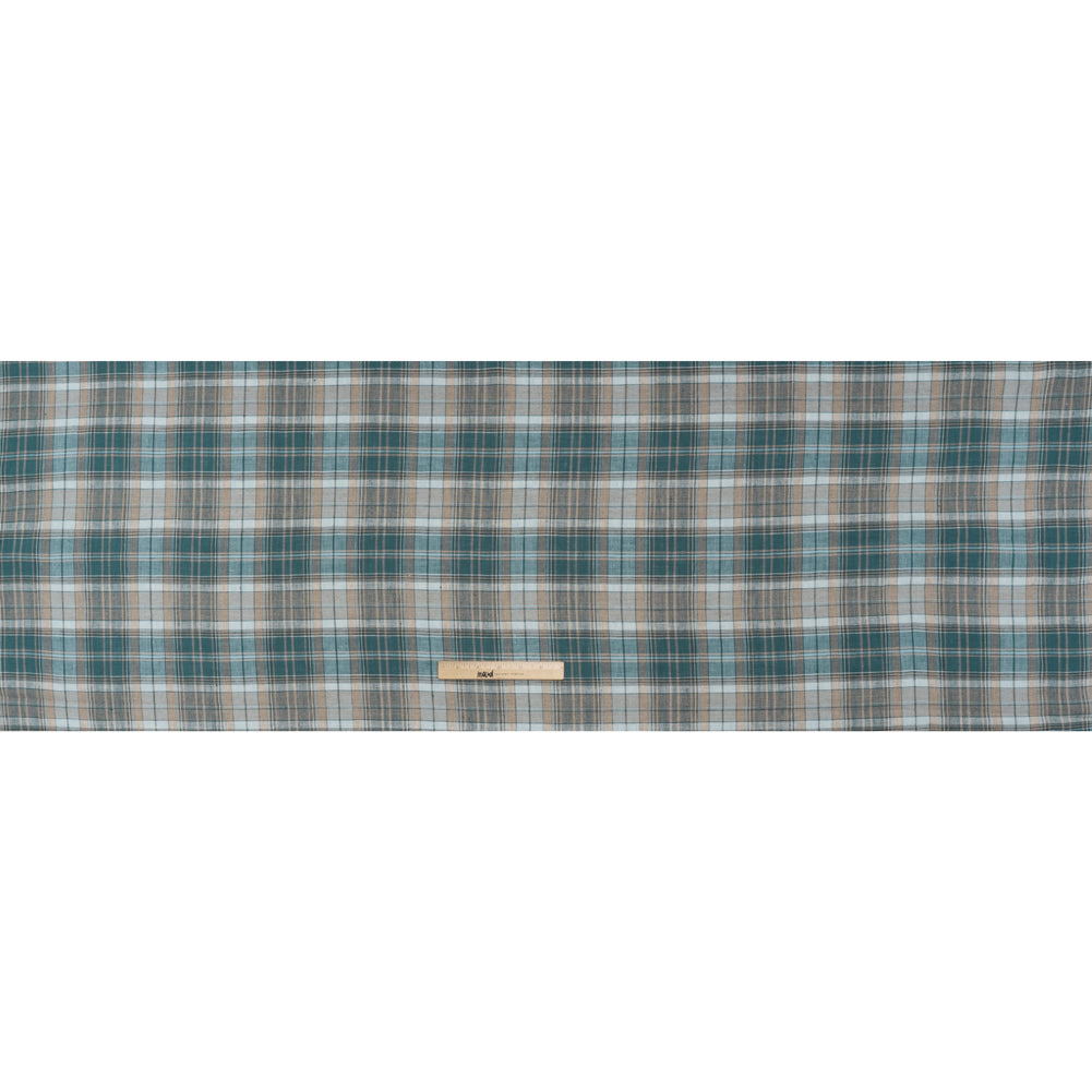 Medium Weight Linen Woven - Teal, Beige and White Plaid