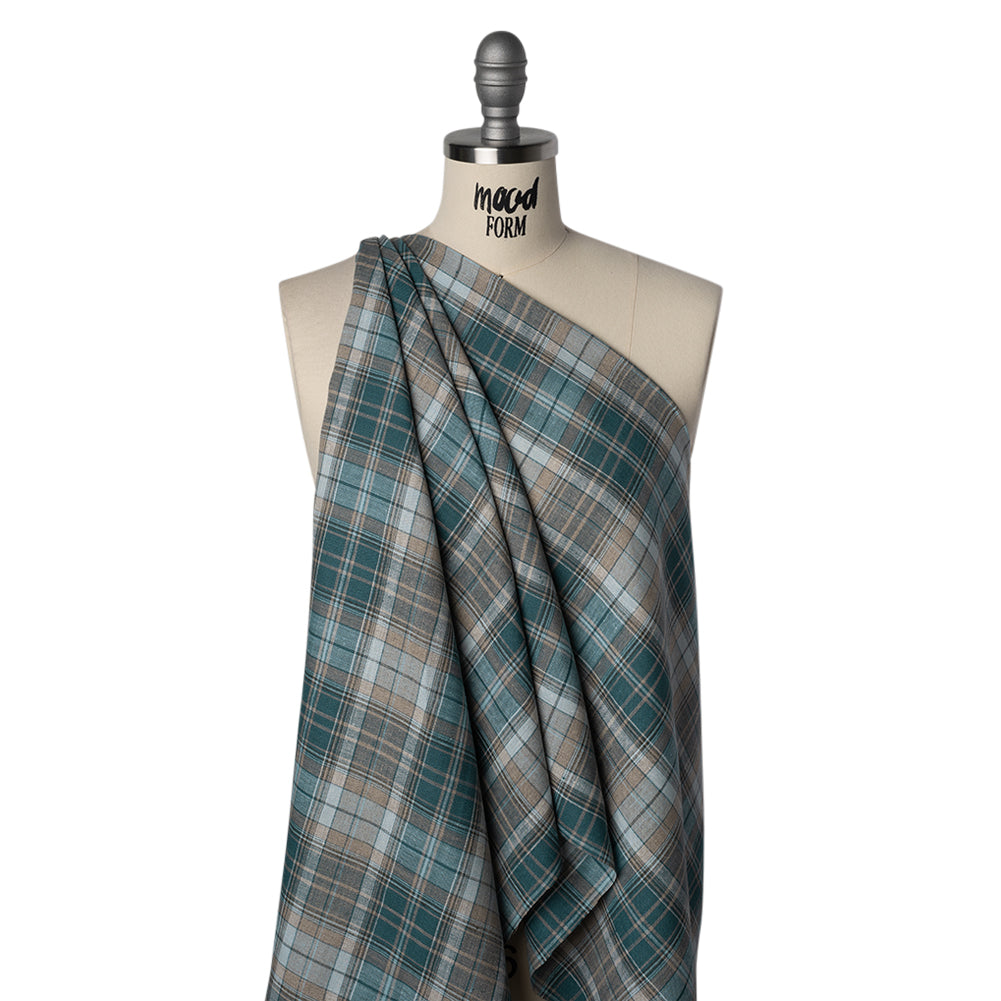 Medium Weight Linen Woven - Teal, Beige and White Plaid