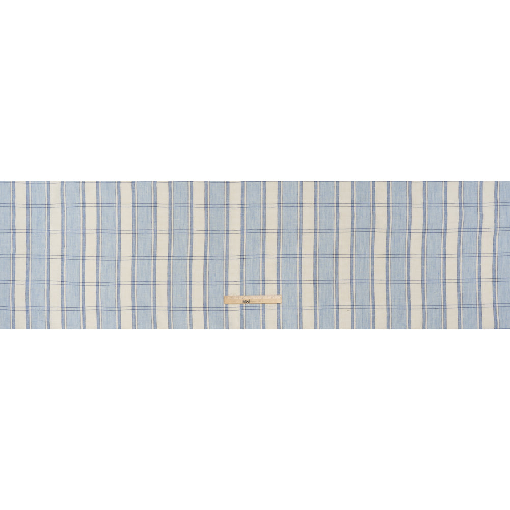 Lightweight Linen Dobby - Light Blue and Cream Plaid with Basketweave Details