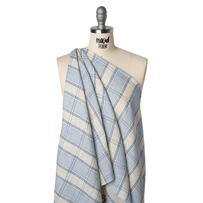 Lightweight Linen Dobby - Light Blue and Cream Plaid with Basketweave Details