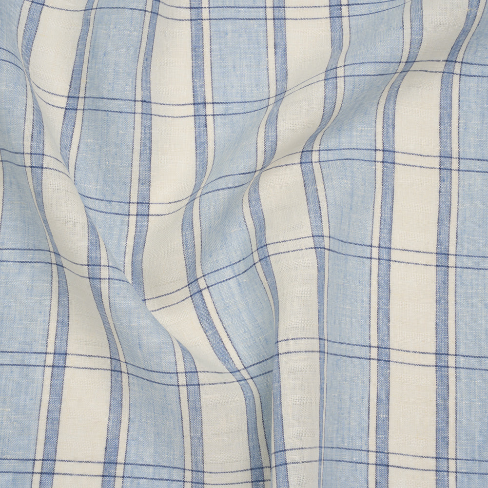 Lightweight Linen Dobby - Light Blue and Cream Plaid with Basketweave Details