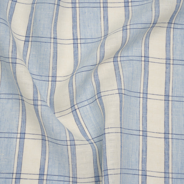 Lightweight Linen Dobby - Light Blue and Cream Plaid with Basketweave Details