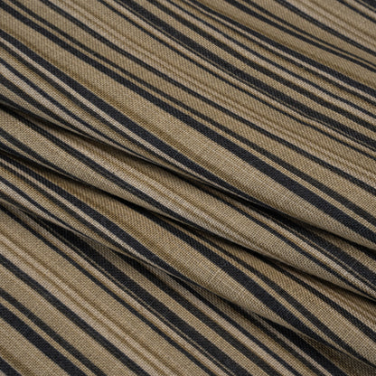 Medium Weight Linen Woven Print - Black, Olive Green and Beige Barcode Stripes