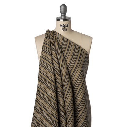 Medium Weight Linen Woven Print - Black, Olive Green and Beige Barcode Stripes