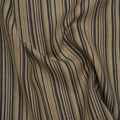 Medium Weight Linen Woven Print - Black, Olive Green and Beige Barcode Stripes