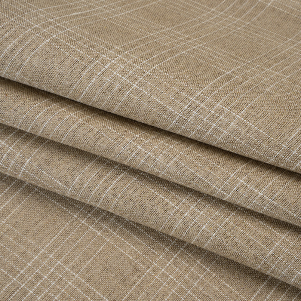 Medium Weight Linen Woven - Oatmeal Beige and White Fine Plaid