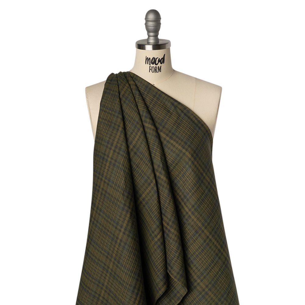 Medium Weight Linen Woven - Olive, Evergreen and Black Plaid