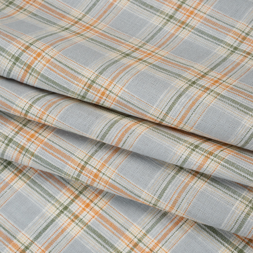 Medium Weight Linen Woven - Sky Blue, Sage Green and Orange Plaid