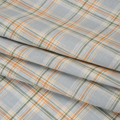 Medium Weight Linen Woven - Sky Blue, Sage Green and Orange Plaid