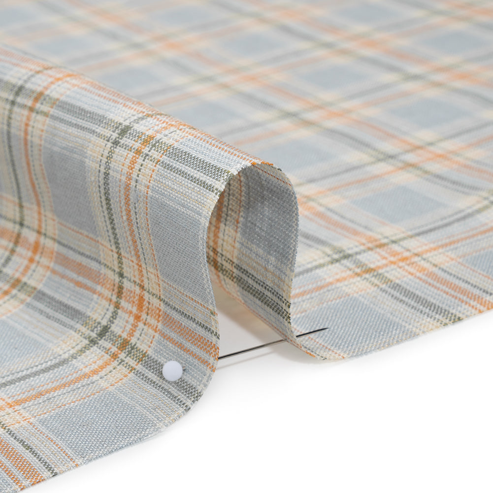 Medium Weight Linen Woven - Sky Blue, Sage Green and Orange Plaid